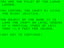 Lunar Lander instructions screen #1